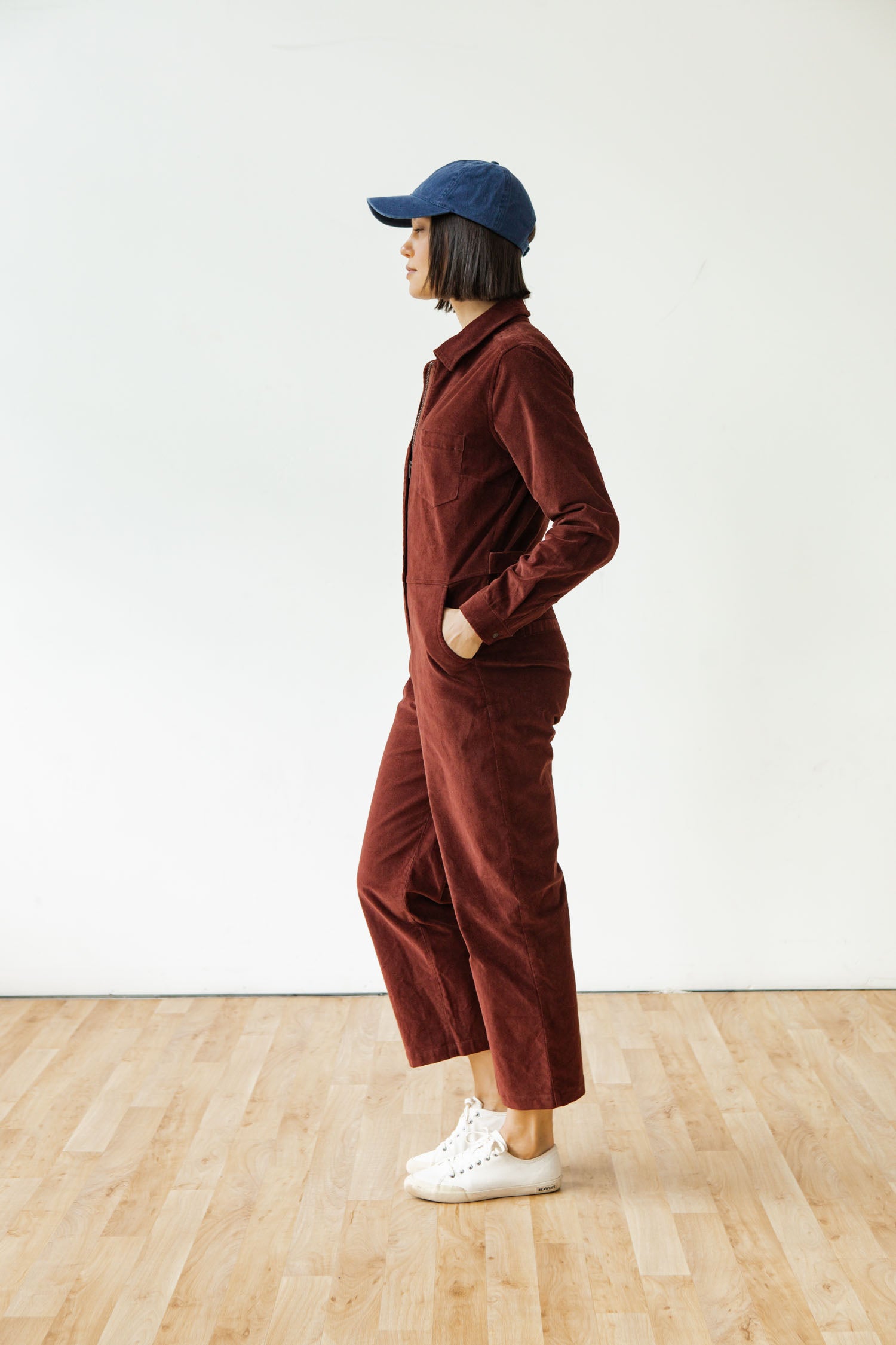 Faye Jumpsuit / Dark Red Pinwale