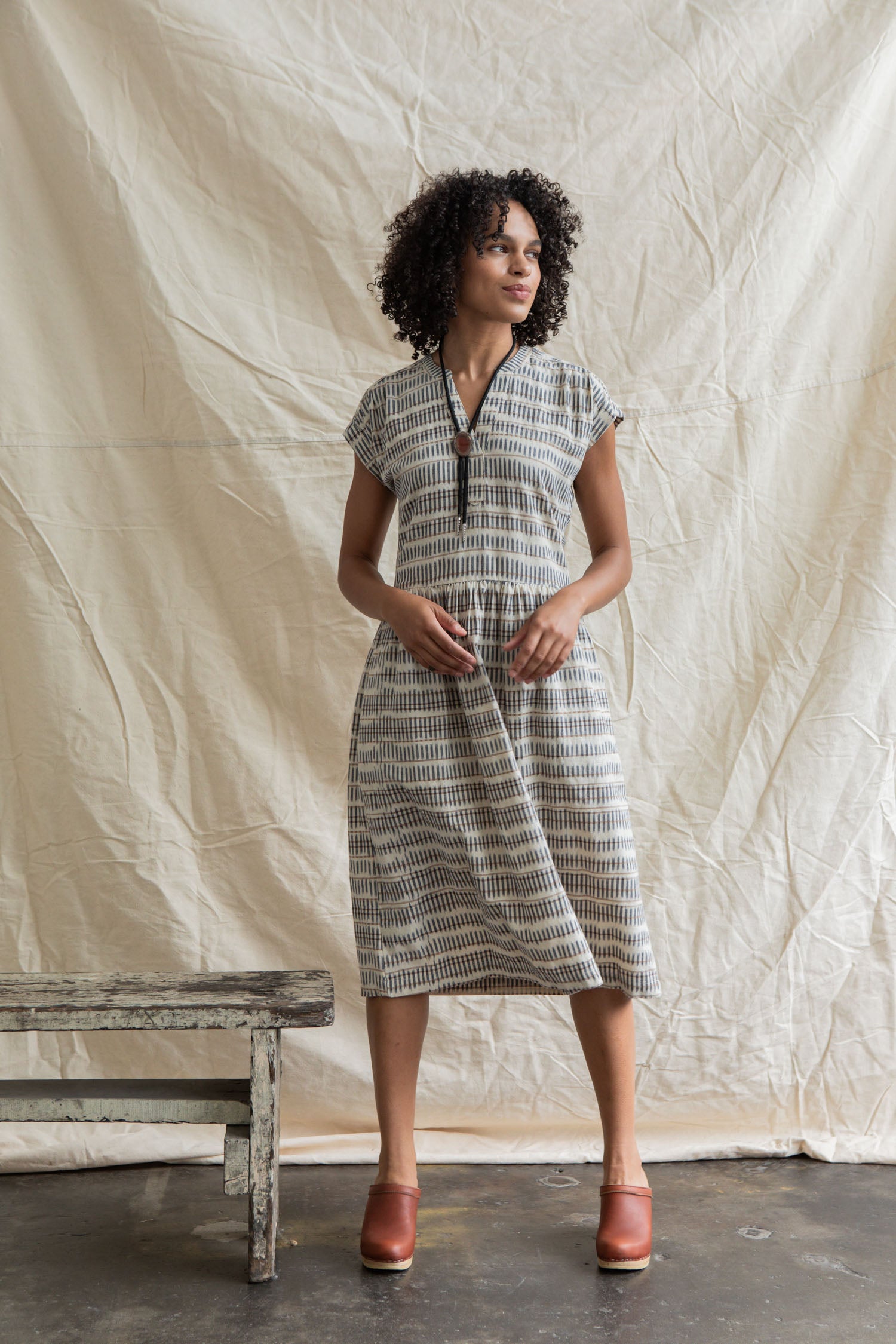 Ira Dress / Mushroom Ikat Stripe