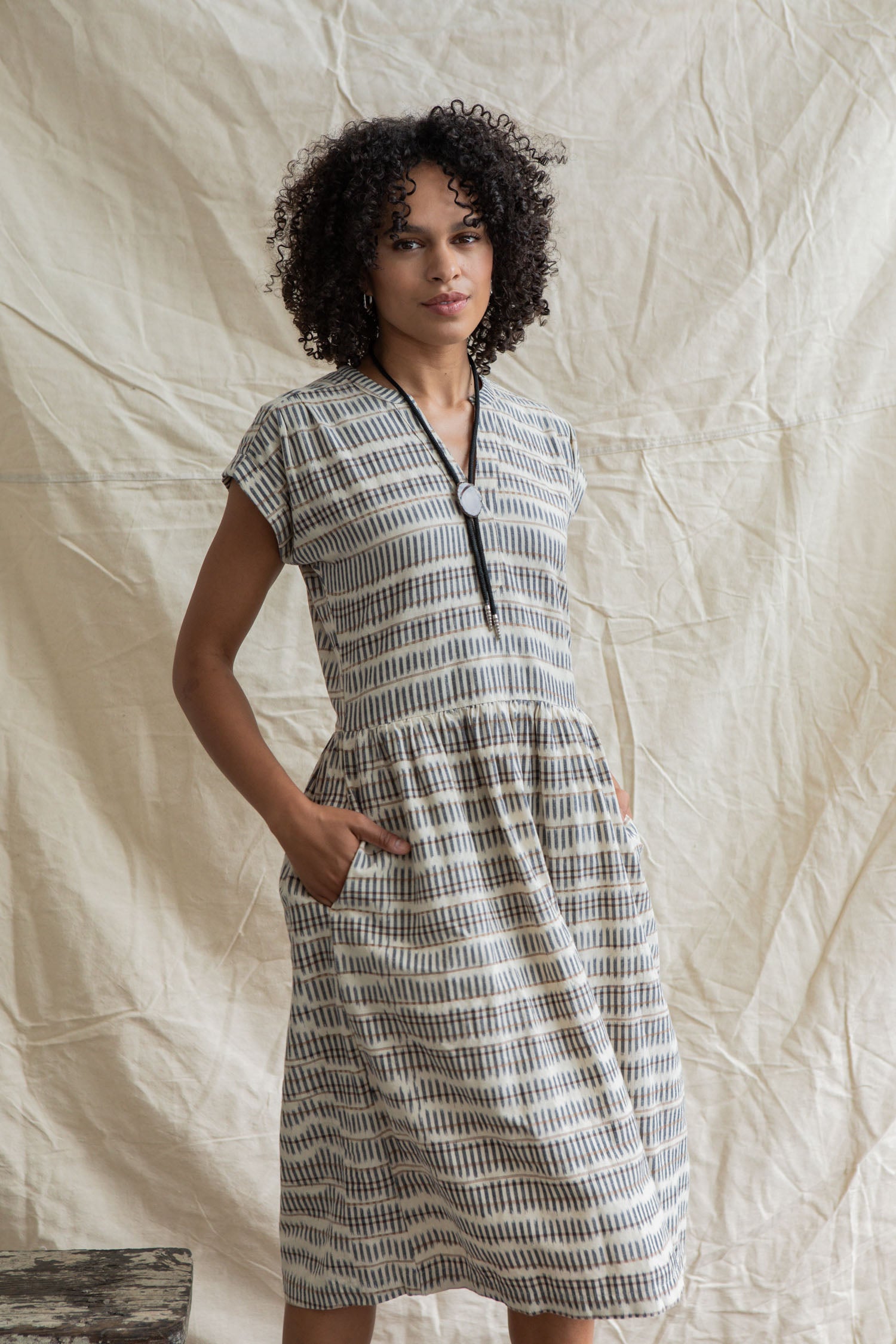 Ira Dress / Mushroom Ikat Stripe