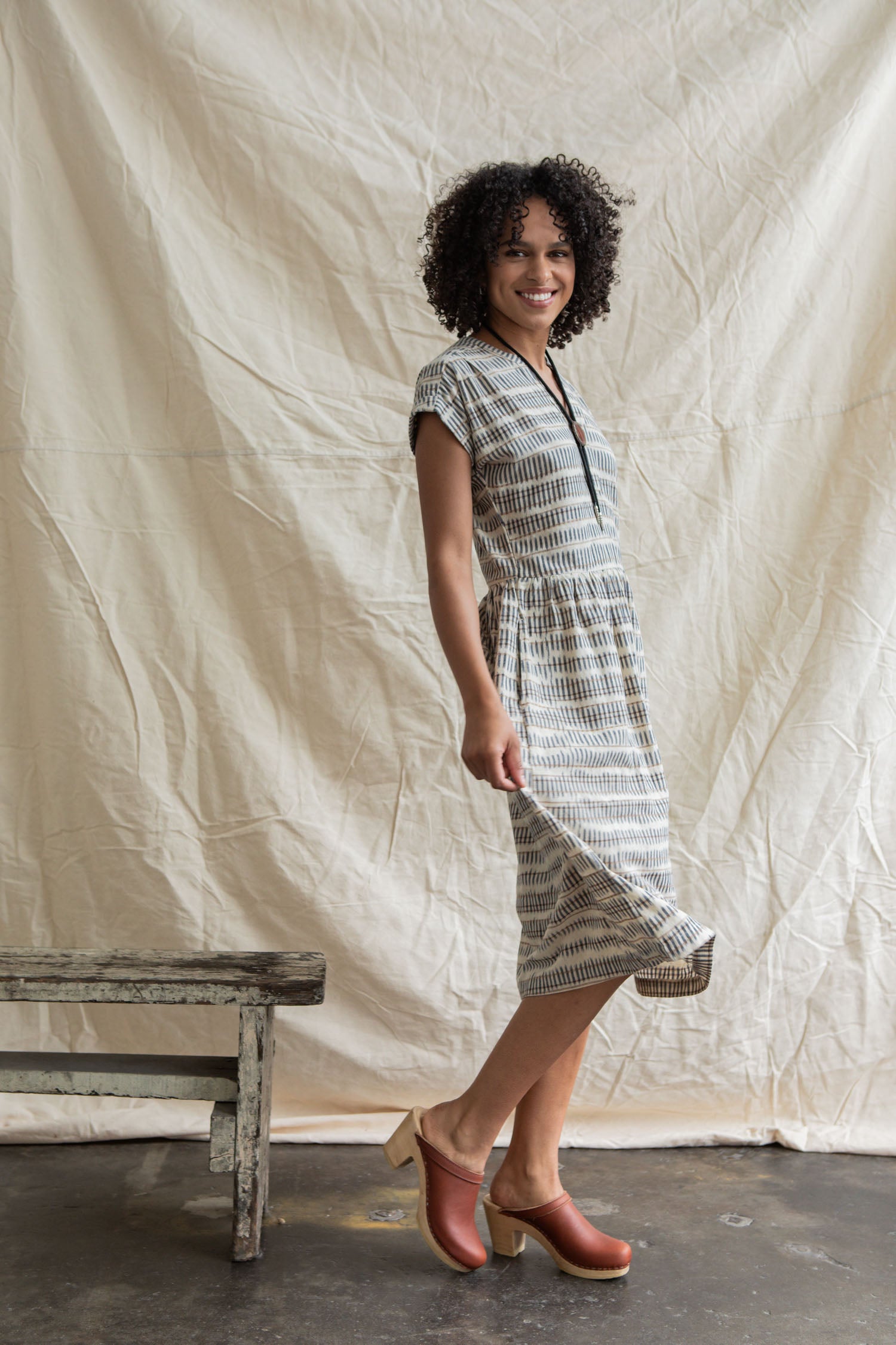 Ira Dress / Mushroom Ikat Stripe