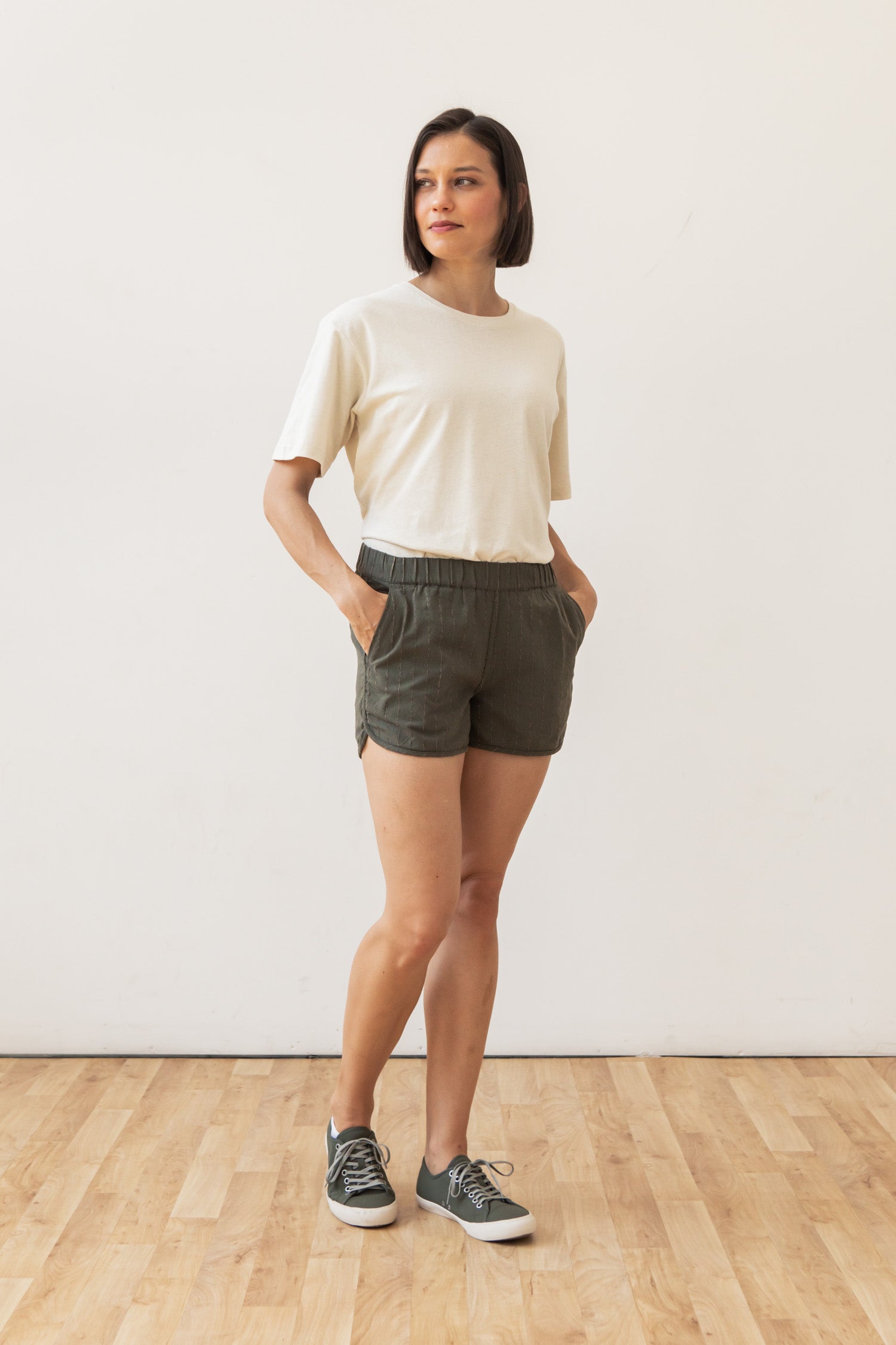 Luca Track Short / Linen Olive Stripe