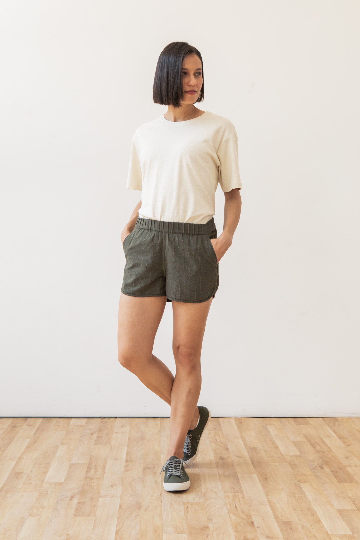 Luca Track Short / Linen Olive Stripe