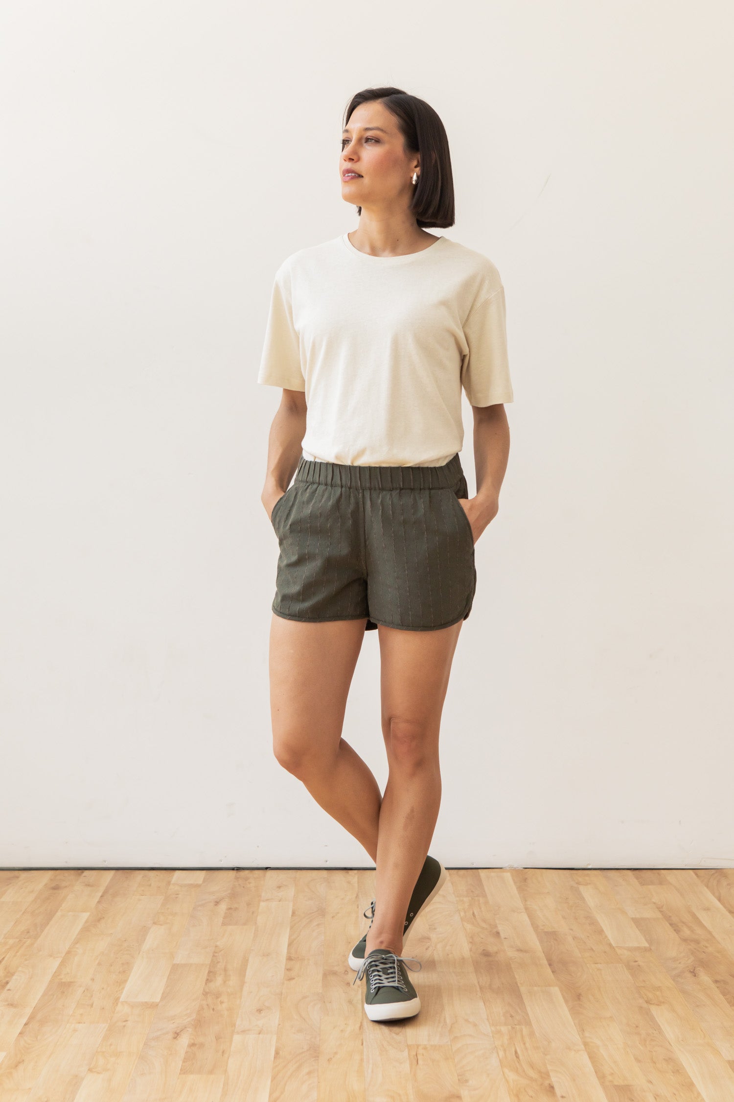 Luca Track Short / Linen Olive Stripe